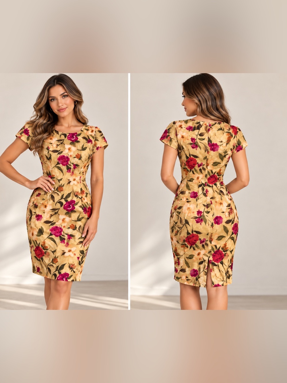 Floral Midi Dress in Brown & Pink Like New